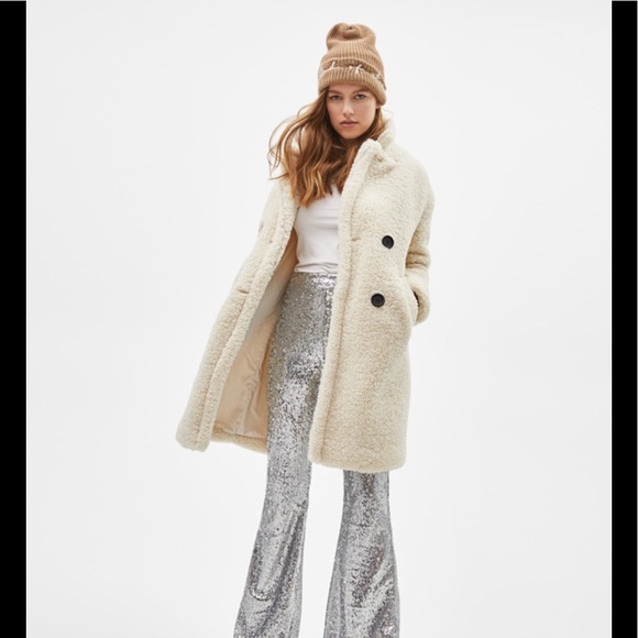 Long faux shearling double-breasted coat in cream - Picture 2 of 8